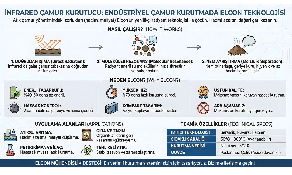 Elcon Infrared çamur kurutma hattı proses akış şeması: Islak çamur girişi, ısıtıcı modüller ve kuru granül çıkışı