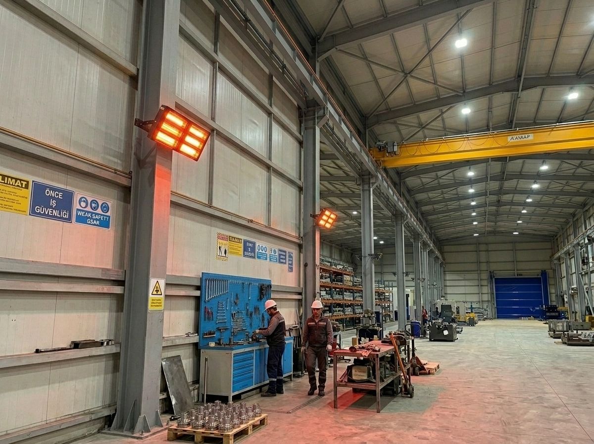 Geniş fabrika ve üretim tesislerinde kullanılan Elcon endüstriyel elektrikli infrared ısıtma sistemleri